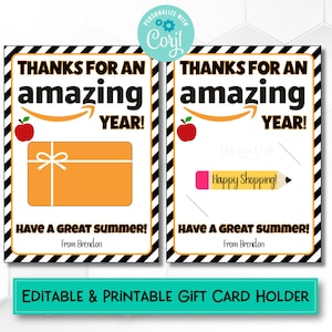 Amazon Teacher Gift Card Holder | End of School Year Printable | Thanks for an Amazing Year | Summer Teacher Gift | Instant Download