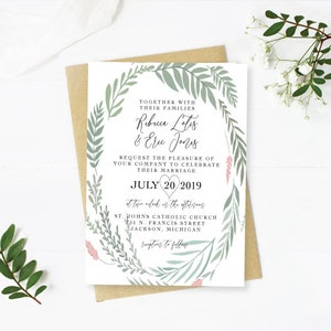 Wedding Invite Greenery & Pink Frame Digital Download