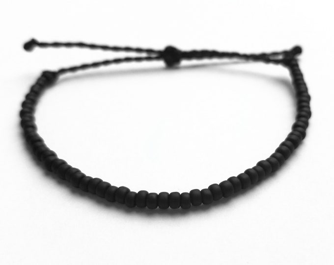 Black Seed Bead Bracelet, Adjustable Surfer Bracelet, Wax Cord Bracelet