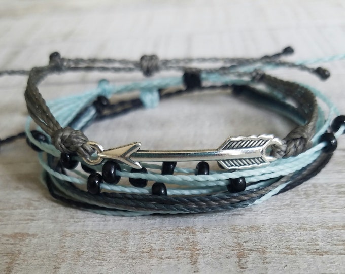 Stormy Skies Bracelet Pack, Waterproof Bracelets, Surfer Bracelet, Arrow Bracelet, Multi Strand Bracelet, Wax Bracelet, Beaded Bracelet