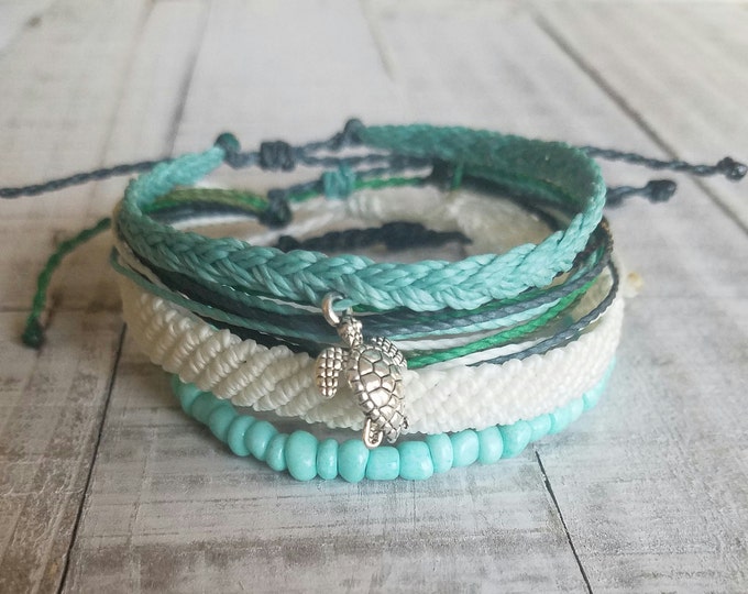 Turtle Lagoon Bracelet Set, Surfer Bracelet, Flat Braid Bracelet, Waterproof Bracelet, Wax Bracelet, Beachy Bracelets, Surfer Bracelets