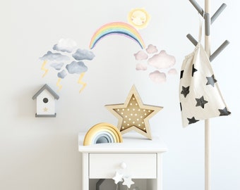 Rainbow Clouds Sun & Lightning | Reusable FABRIC Wall Decal Set - Eco Friendly | Peel and Stick | A3 Sheet