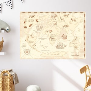 Carte vintage (monochrome) | Sticker mural en tissu réutilisable respectueux de l'environnement | Peler et coller | Carte du vieux monde beige pour enfants + animaux | Décoration éducative