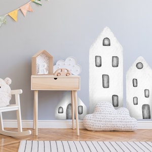 Watercolour Houses | Reusable FABRIC Wall Decals Eco Friendly | Peel & Stick | Simple Little Town Buildings | Neutral Nursery Décor Stickers