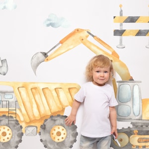 Construction Trucks | Reusable FABRIC Wall Decals Eco Friendly | Peel & Stick | Watercolour Digger Tipper Road Machines Nursery Decal Set