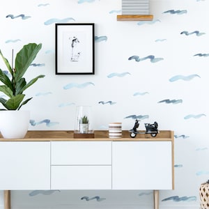 Wavy Watercolor Lines | Jumbo Sheet | Reusable FABRIC Wall Decals Eco Friendly | Peel & Stick | Nautical Ocean Painted Waves Nursery Decal