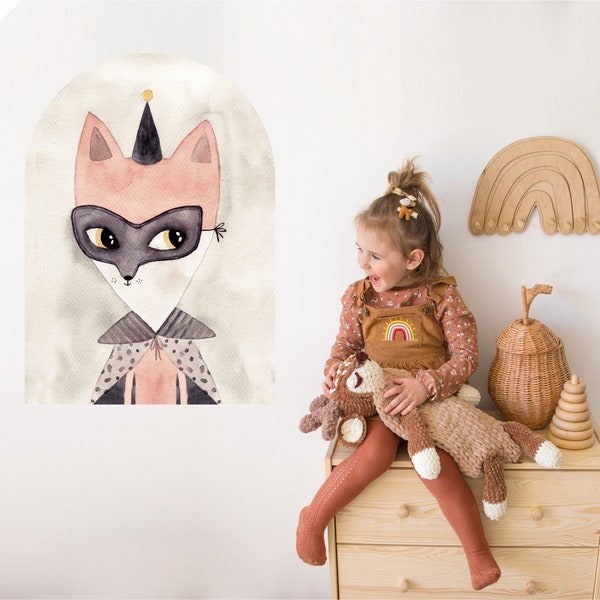 Watercolor Fox Arch | Reusable FABRIC Wall Decal Eco Friendly | Peel & Stick | Hand Painted Woodland Portraits | Whimsical Animals Cat Mouse