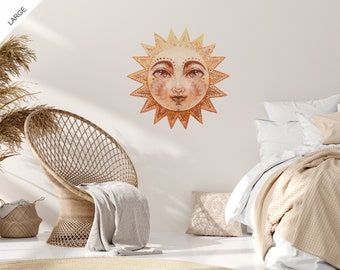 Boho Full Sun | Reusable FABRIC Wall Decal Eco Friendly | Peel & Stick | Large Vintage Watercolor Rising Sun with Face | Mystical Astrology