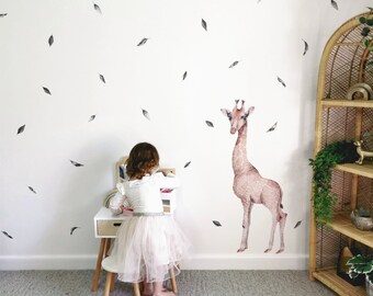 Watercolor Giraffe + Leaves | Reusable FABRIC Wall Decal - Eco Friendly | Peel and Stick | African Safari Animal Watercolour Nursery Decals