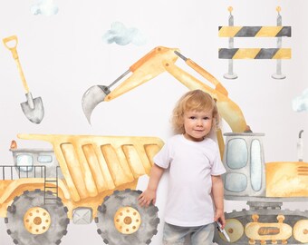 Construction Trucks | Reusable FABRIC Wall Decals Eco Friendly | Peel & Stick | Watercolour Digger Tipper Road Machines Nursery Decal Set