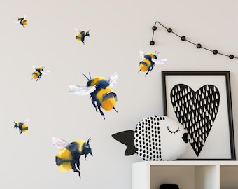 Bumble Bees | Reusable FABRIC Wall Decals Eco Friendly | Peel & Stick | Watercolour Design Bee Wall Stickers Decal Pack Décor Nursery Design