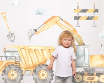 Camiones de construcción / Calcomanías de pared de tela reutilizables, ecológicas, despegar y pegar / Juego de calcomanías de acuarela para guardería con excavadora, volquete y maquinaria de carretera