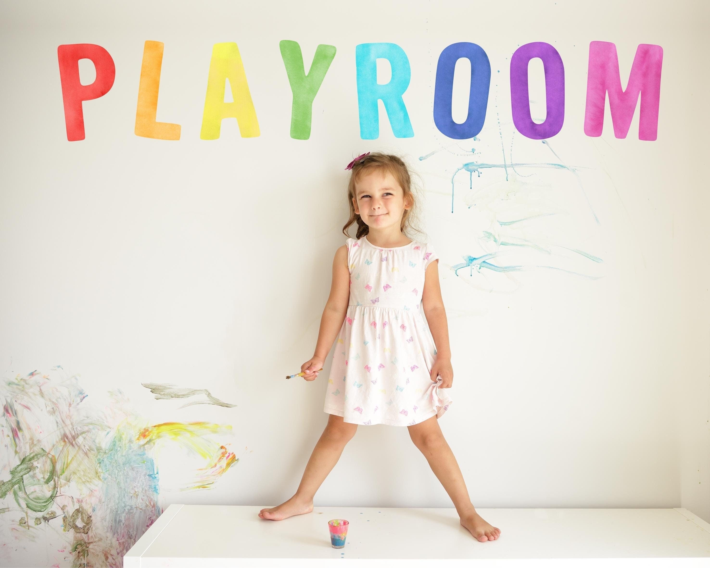 Playroom | Watercolour Rainbow Letters | Reusable FABRIC Wall Decal Eco Friendly | Peel & Stick | Colorful Watercolor Word Nursery Play Room
