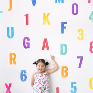 Alphabet + Numbers | Reusable FABRIC Wall Decal Eco Friendly | Peel & Stick | Colorful Watercolour 123 ABC Letters Educational Nursery Décor