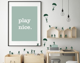 Army Toy Soldiers | Vinyl Wall Decals | 26 Pack Small Green Army Men Paratroopers | Kids Boys Room Wall Stickers | Fun Kids Nursery Décor