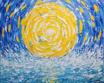 SUNSET OCEAN PAINTING - Sunset Acrylic Impasto Painting 12" x 12" on Wrapped Canvas Ready to Hang