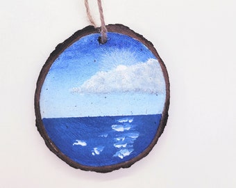 WOOD TREE ORNAMENT - 2.5" Christmas Ornament on a Wood Tree Slice with a Landscape Ocean Scene with Clouds and Sun
