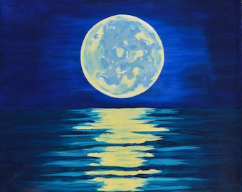 MOONLIGHT OCEAN PAINTING - Moonlight on Ocean Acrylic Painting 12" x 12" on Wrapped Canvas Ready to Hang