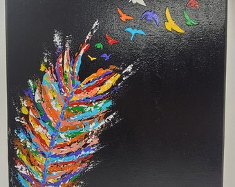 MULTICOLOR FEATHER PAINTING - "Birds of a Feather" Acrylic Painting with Black Background 11" x 14" on Wrapped Canvas Ready to Hang