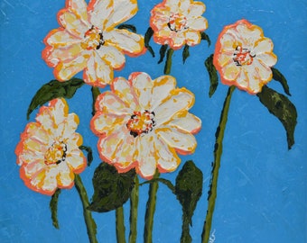 DAISIES ACRYLIC PAINTING - White Orange and Yellow Daisies Acrylic Impasto Painting on Blue Background 12" x 12" Canvas Ready to Hang