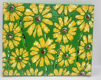 YELLOW FLOWER PAINTING on Blue Background 8" x 10" on Wrapped Canvas Ready to Hang