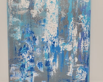 ABSTRACT WATERFALL PAINTING in Blue Grey and Silver 8" x 10" on Wrapped Canvas Ready to Hang