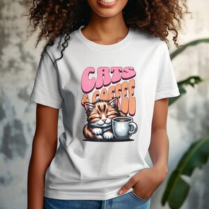 Cat shirt,Cute Cat T-shirt, Coffee Shirt,Cat and Coffee Shirt, Cat lover tee, Gift for Cats Lover, Cat Mom shirt, Coffee lover shirt