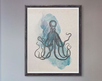 Wall Art, Octopus, Art Prints, Print Posters, Art Posters, Home Decor, Wall Decor, Sacred Geometry, Squid, Watercolor, Cthulhu