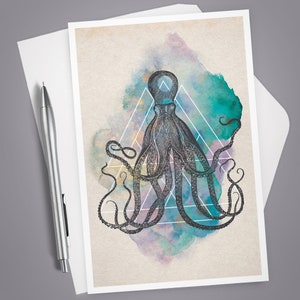 May include: A watercolor illustration of an octopus with a geometric triangle design. The octopus is black and white, and the watercolor background is a mix of blue, green, purple, and pink.