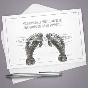 Greeting Card, Manatee, Womantee, Card for Him, Card for her, Anniversary Card, Love, Note Card, Funny card, Dry Humor, Vintage Illustration