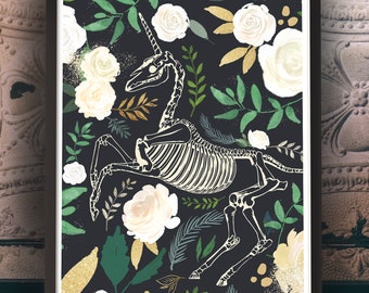 May include: A black and white illustration of a unicorn skeleton surrounded by white roses and green leaves on a dark background.
