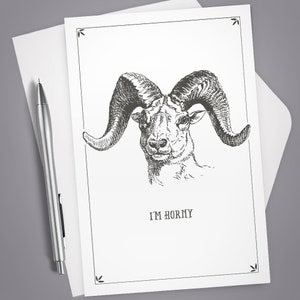 Greeting Card, I'm Horny Goat Vintage Illustration, Stationery, Note Card, Funny card, Humor, Mountain Goat, Romantic, Love, Anniversary