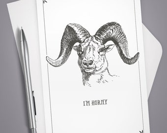 Greeting Card, I'm Horny Goat Vintage Illustration, Stationery, Note Card, Funny card, Humor, Mountain Goat, Romantic, Love, Anniversary