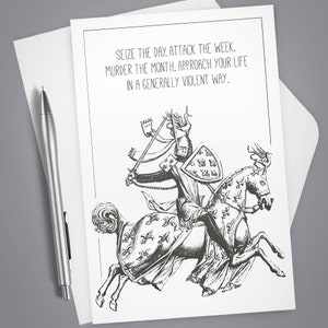 Greeting Card, Seize the Day, Card for Him, Card for her, Funny card, Dry Humor, Vintage Illustration, Wit, Snark, Knight, Horse, Inspire