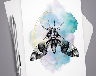 Anytime Greeting Card, Sacred Moth, Oleander Hawk Moth, Sacred Geometry, Stationery, Note Card, Thinking of You, Watercolor, Vintage Drawing