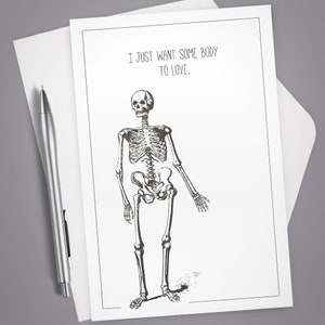 Greeting Card, Skeleton Love, Card for Her, Skeleton Pun, Note Card, Funny card, Dry Humor, Vintage Illustration, Anytime Card, Funny
