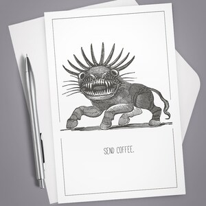 Greeting Card, Send Coffee, Card for Him, Card for her, Note Card, Funny card, Dry Humor, Vintage Illustration, Co-worker, Office humor