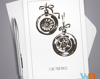 Greeting Card, I Like Your Balls, Christmas Card, Stationery, Note Card, Funny Holiday Card, Christmas Pun, Holiday Pun, Funny Christmas
