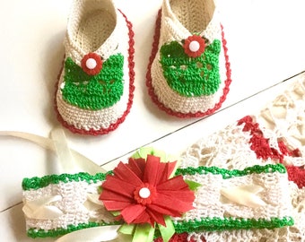 Andrea Christmas headband and booties thread crochet pdf download pattern
