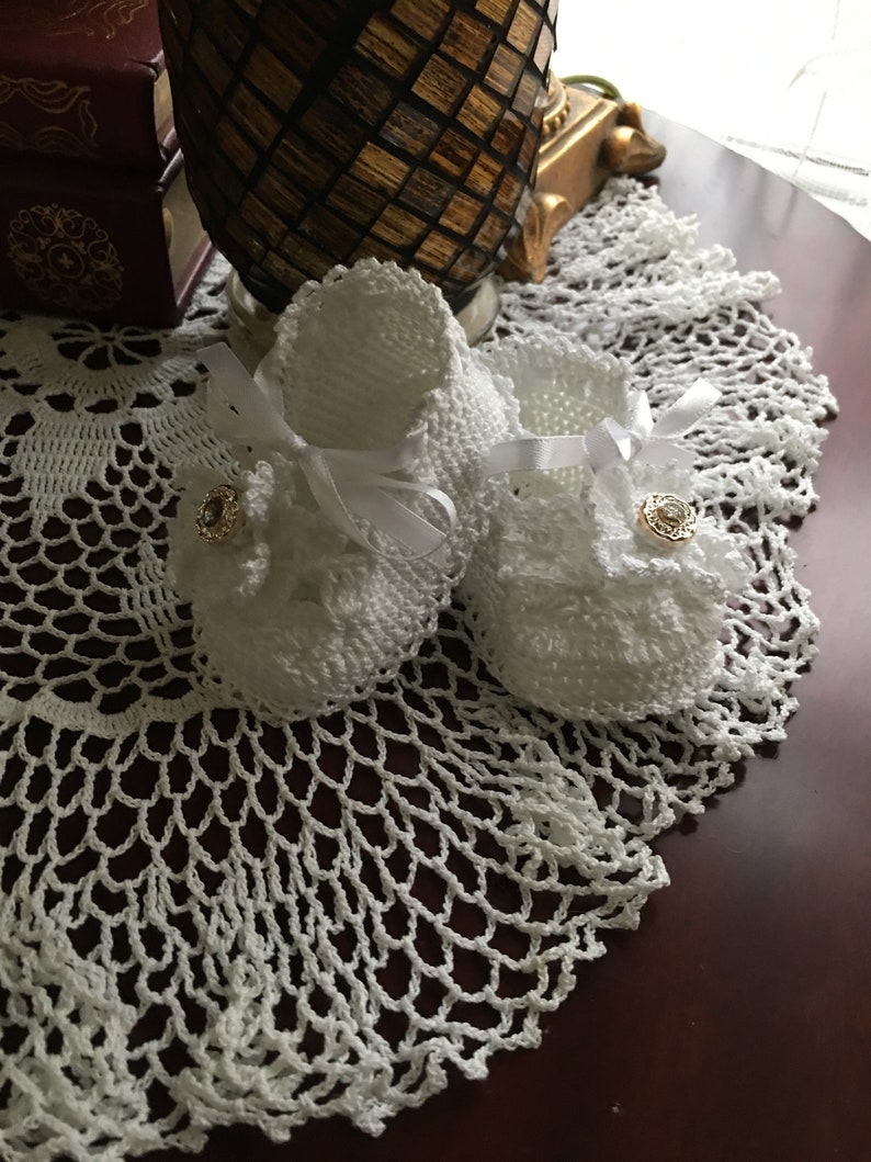 Crochet booties floral and scroll pattern baby accessories baby pattern crib shoes christening shoes crochet pattern thread crochet