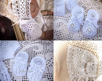 Bonnet and booties Baby Jane christening thread crochet pattern, baby crochet, christening pattern, baby pattern, baby bonnet, baby booties