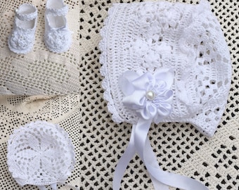Bonnet and booties Field of FLowers thread crochet christening baby PDF pattern