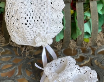 bonnet and booties heirloom christening crochet pattern, thread crochet, christening, pattern crochet, baby pattern, baptismal accessories