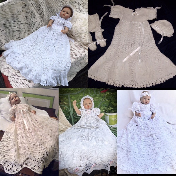 5 crochet patterns of christening gowns at a special discount price, crochet blessing gown patterns, crochet baptism sets, thread crochet