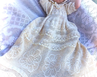 Crochet Erika gown, bonnet and booties christening thread crochet pattern, pdf pattern