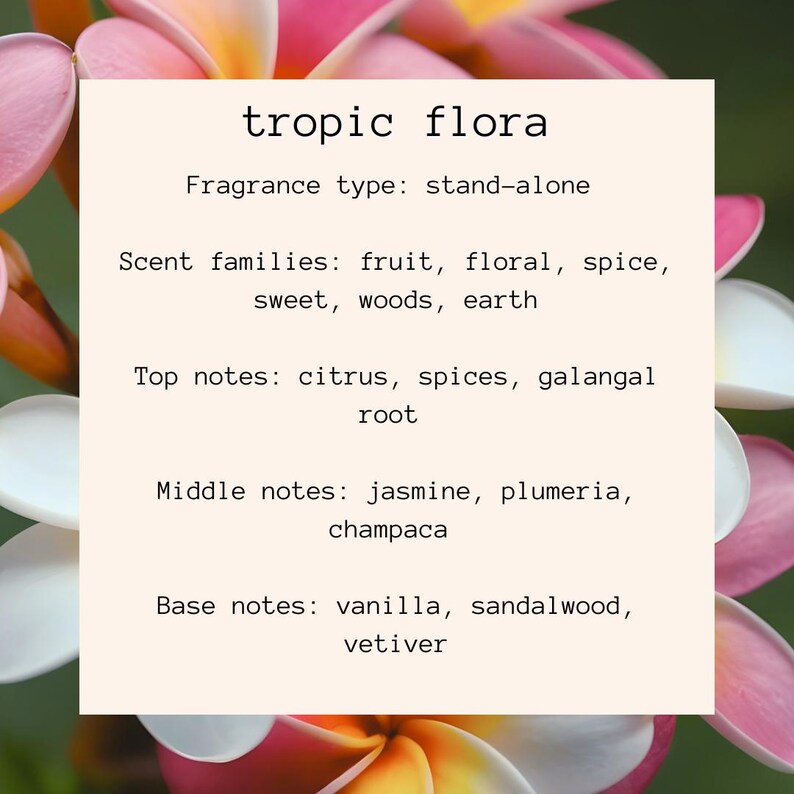 Puede incluir: Un gr&aacute;fico cuadrado con el texto "tropic flora" y notas de fragancia. Las familias olfativas incluyen fruta, floral, especiado, dulce, amaderado y terroso. Las notas de salida son c&iacute;tricos, especias y ra&iacute;z de galanga. Las notas medias son jazm&iacute;n, plumeria y champaca. Las notas de fondo son vainilla, s&aacute;ndalo y vetiver.