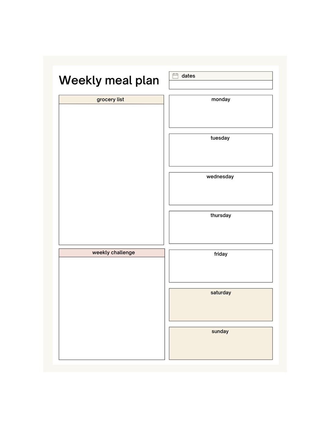 Printable Weekly Meal and Workout Planner Minimal Digital Planner