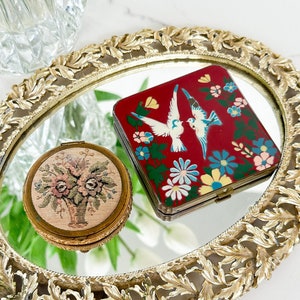 Mid Century Makeup Compact Cases:  Round Needlepoint Blush Compact; or  Red Square Enamel Chinoiserie Style with Birds, Mirrored