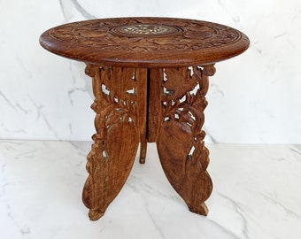 Anglo-Indian Carved Wood Small Table / Plant Stand / Wine Table / Side Table, Butterfly Foldable Legs