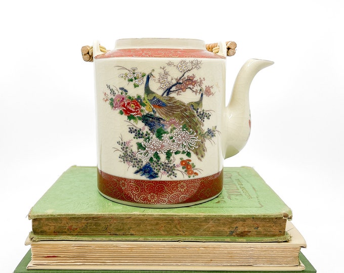 Satsuma Japan Teapot 1960s, Peacock Design Chinoiserie, Heritage Mint